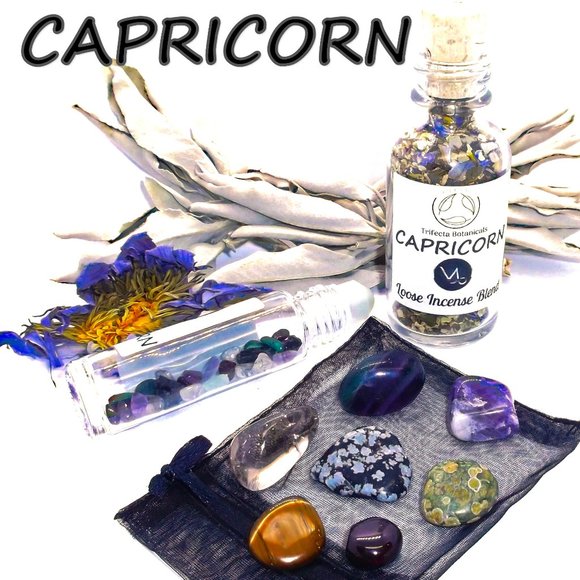 ♑ CAPRICORN Zodiac Gift Set ♑ Roller Bottle + Crystals + Loose Incense Blend - Picture 1 of 6